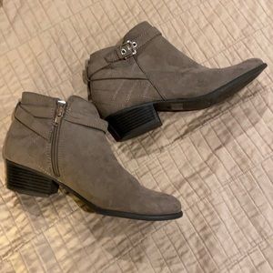 Perfect for Fall and Winter - suede tan ankle boots with quilted details.